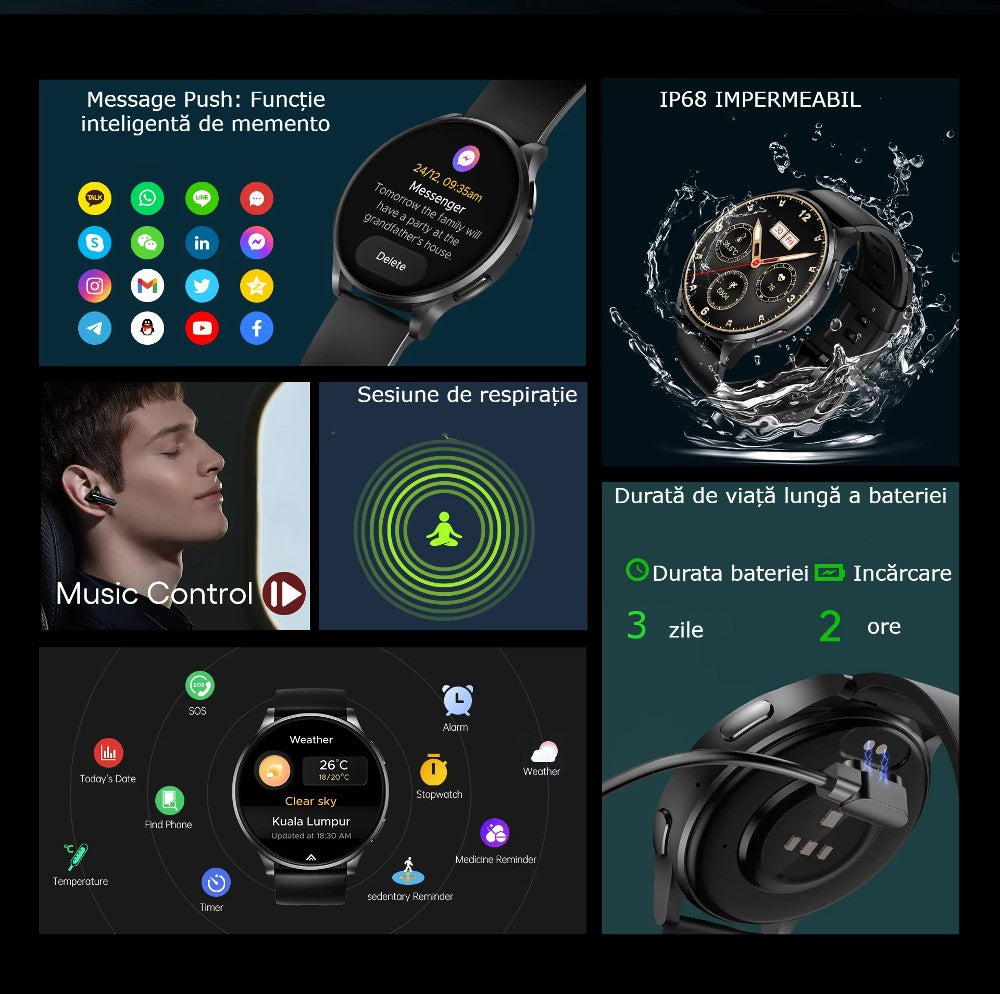 Smartwatch AMOLED GBV LOGIC J2305A, GPS, Apel Bluetooth, Ritm Cardiac, Oxigen Sange, Monitorizare Somn, Nivel de Stres, Tensiune Arteriala, Android & iPhone