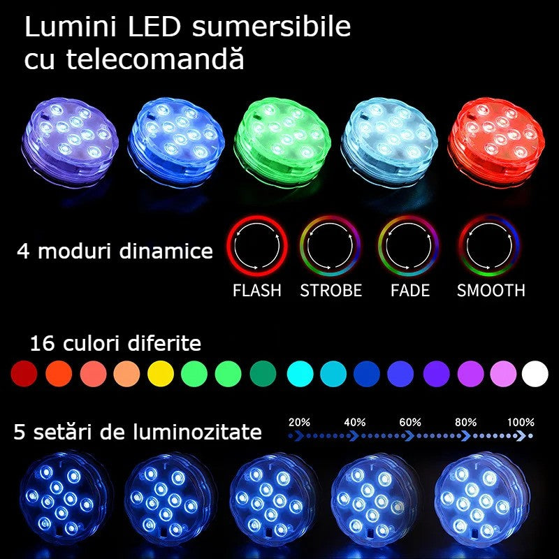Lumina Subacvatica LED RGB GBV LOGIC cu Telecomanda, 16 Culori, IP68, pentru Piscina, Jacuzzi, Cada si Acvariu, Reincarcabila, 10 LED-uri, Baterie 1200mAh
