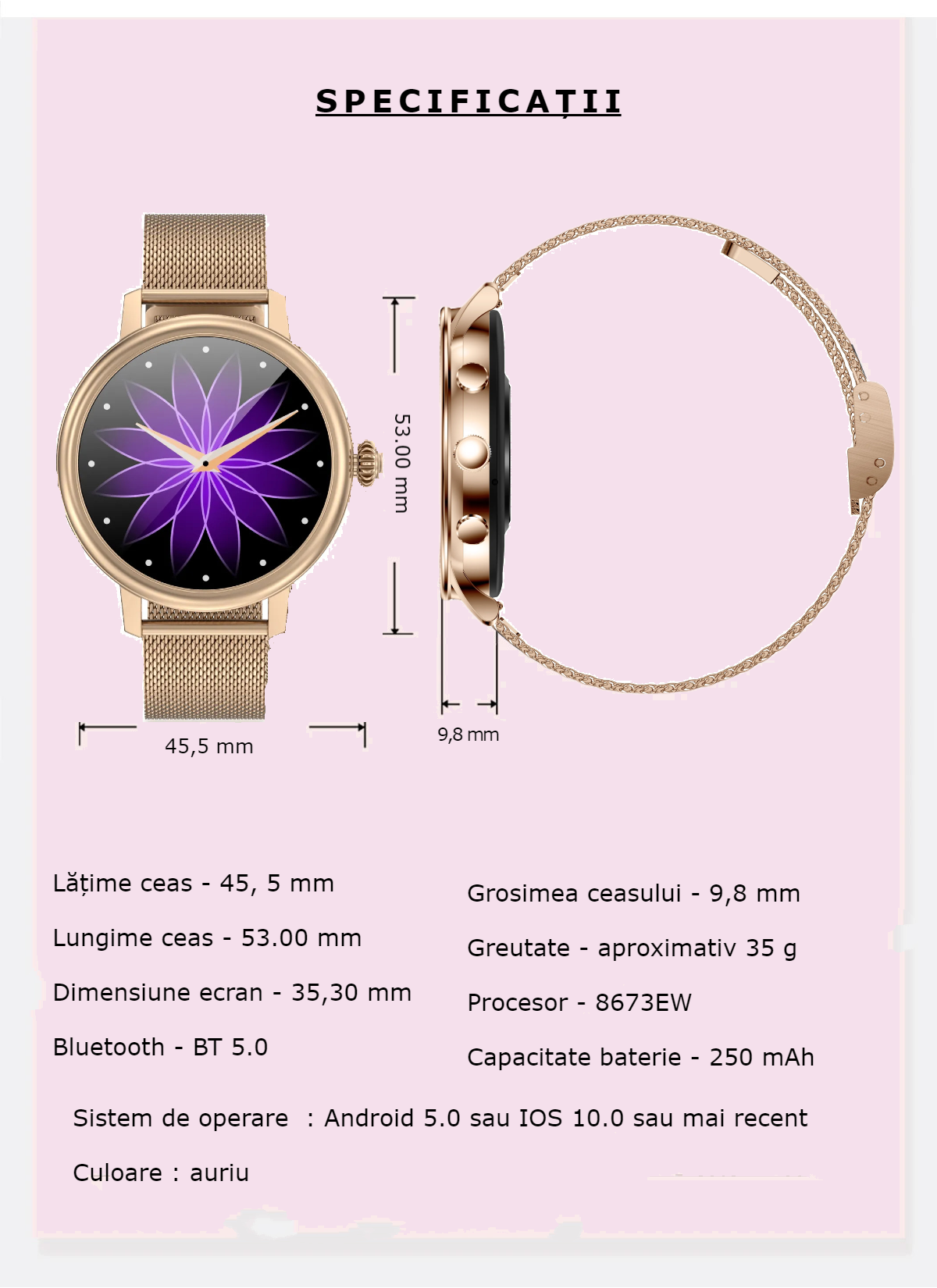 Smartwatch Dama GBV LOGIC SW20 Auriu, Apel Bluetooth, Monitorizare Somn, Ritm Cardiac, Oxigen Sange, Fitness Tracker, Notificari WhatsApp Facebook Instagram, Android & iPhone