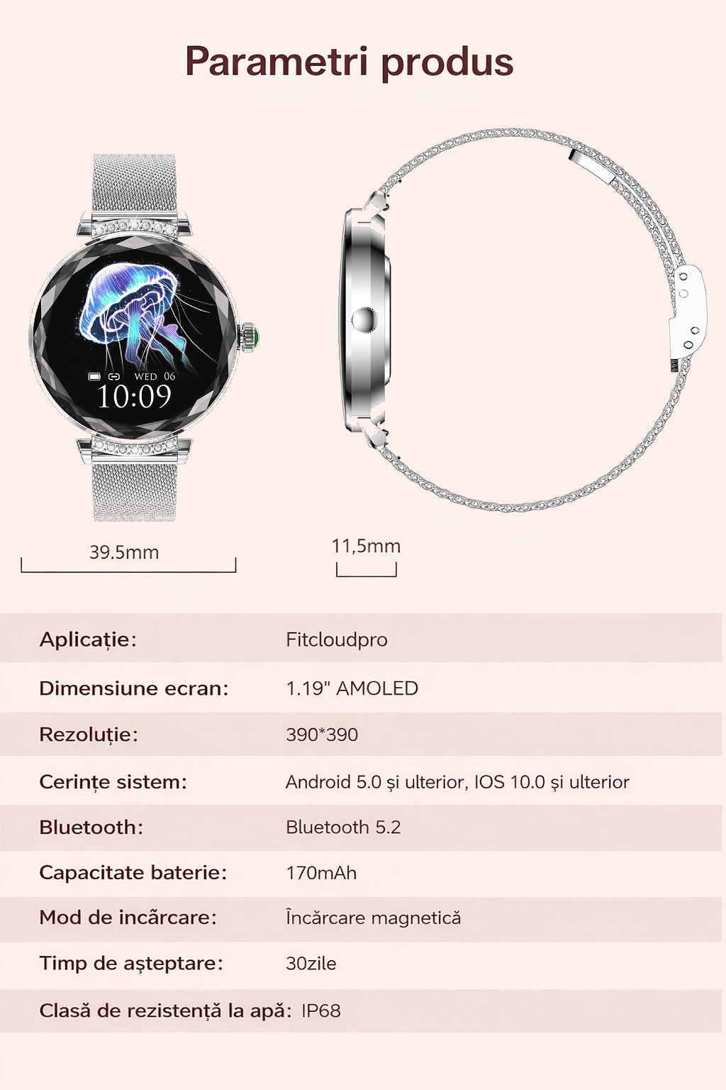 Smartwatch Dama GBV Logic S336,3 Curele Incluse, Ecran AMOLED 30mm, Monitorizare Puls, Somn,Oxigen, Fitness, Bluetooth,