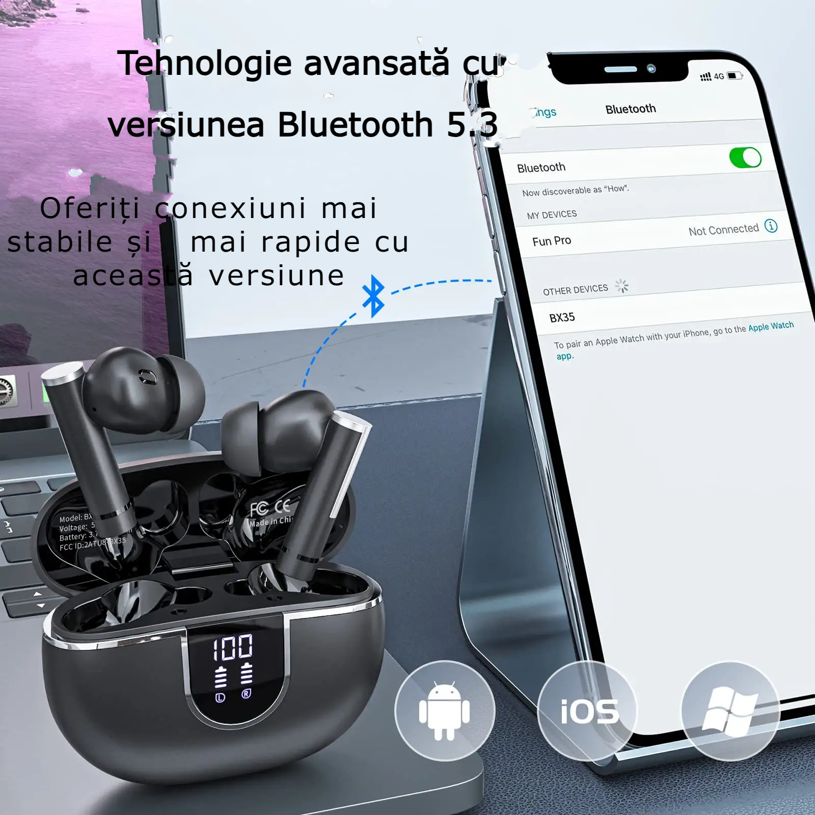 Căști Bluetooth Wireless In-Ear GBV Logic, Noise Cancelling, Carcasă de încărcare inclusă, Autonomie 25 Ore, Bass Puternic, Bluetooth 5.3, Microfon HD, Touch Control, Rezistente la Apă, Android & iPhone