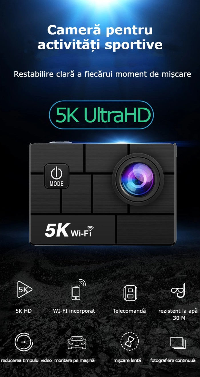 Camera de Actiune GBV LOGIC cu telecomanda, 5K Ultra HD, Foto 50 MP,Unghi Larg 170°, Senzor Sony, Filmare Subacvatica 30 m adancime