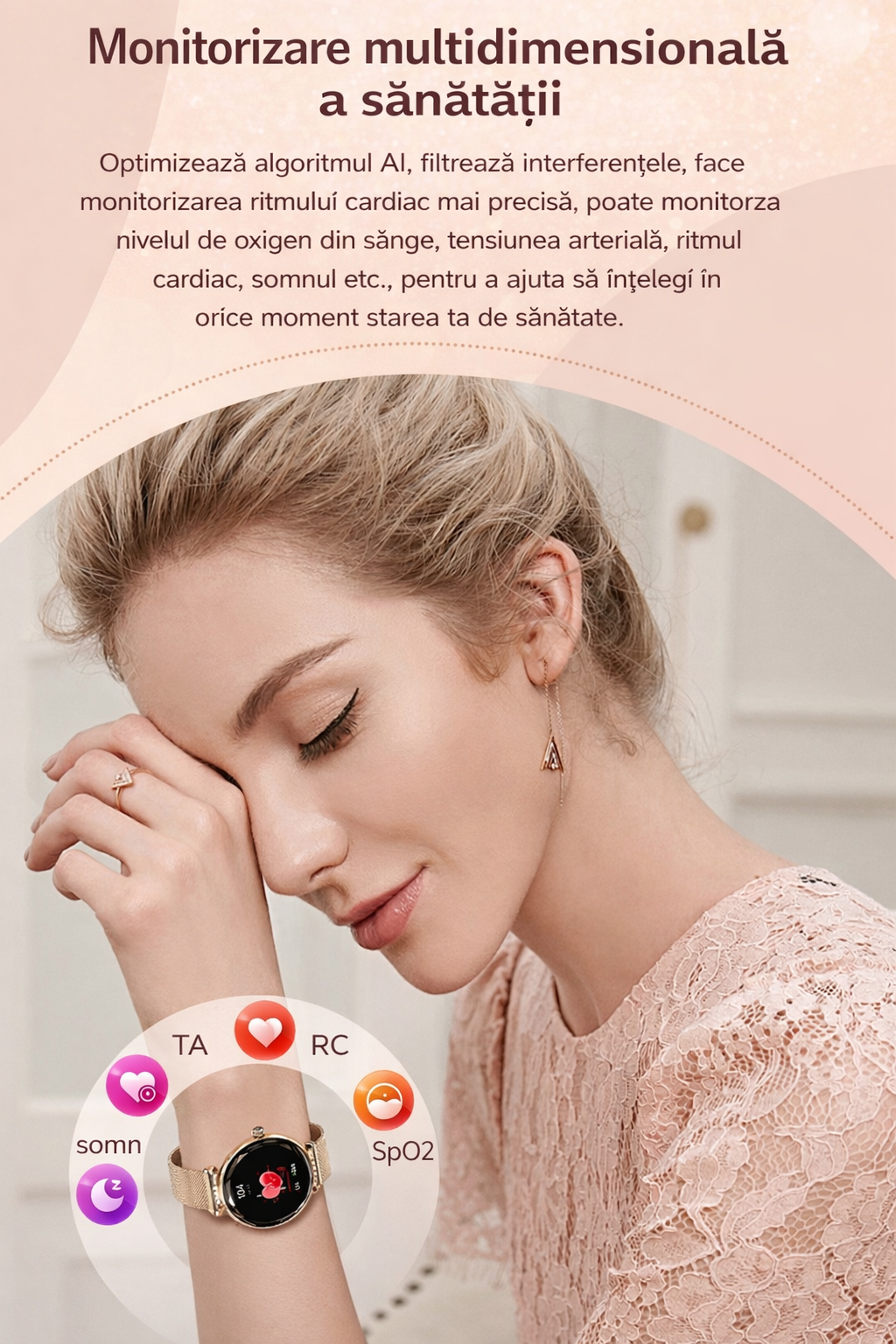 Smartwatch Dama GBV Logic S336,3 Curele Incluse, Ecran AMOLED 30mm, Monitorizare Puls, Somn,Oxigen, Fitness, Bluetooth,