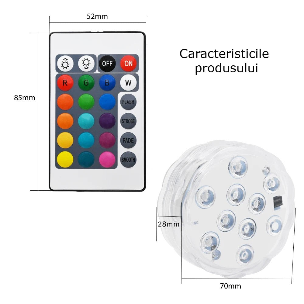 Lumina Subacvatica LED RGB GBV LOGIC cu Telecomanda, 16 Culori, IP68, pentru Piscina, Jacuzzi, Cada si Acvariu, Reincarcabila, 10 LED-uri, Baterie 1200mAh
