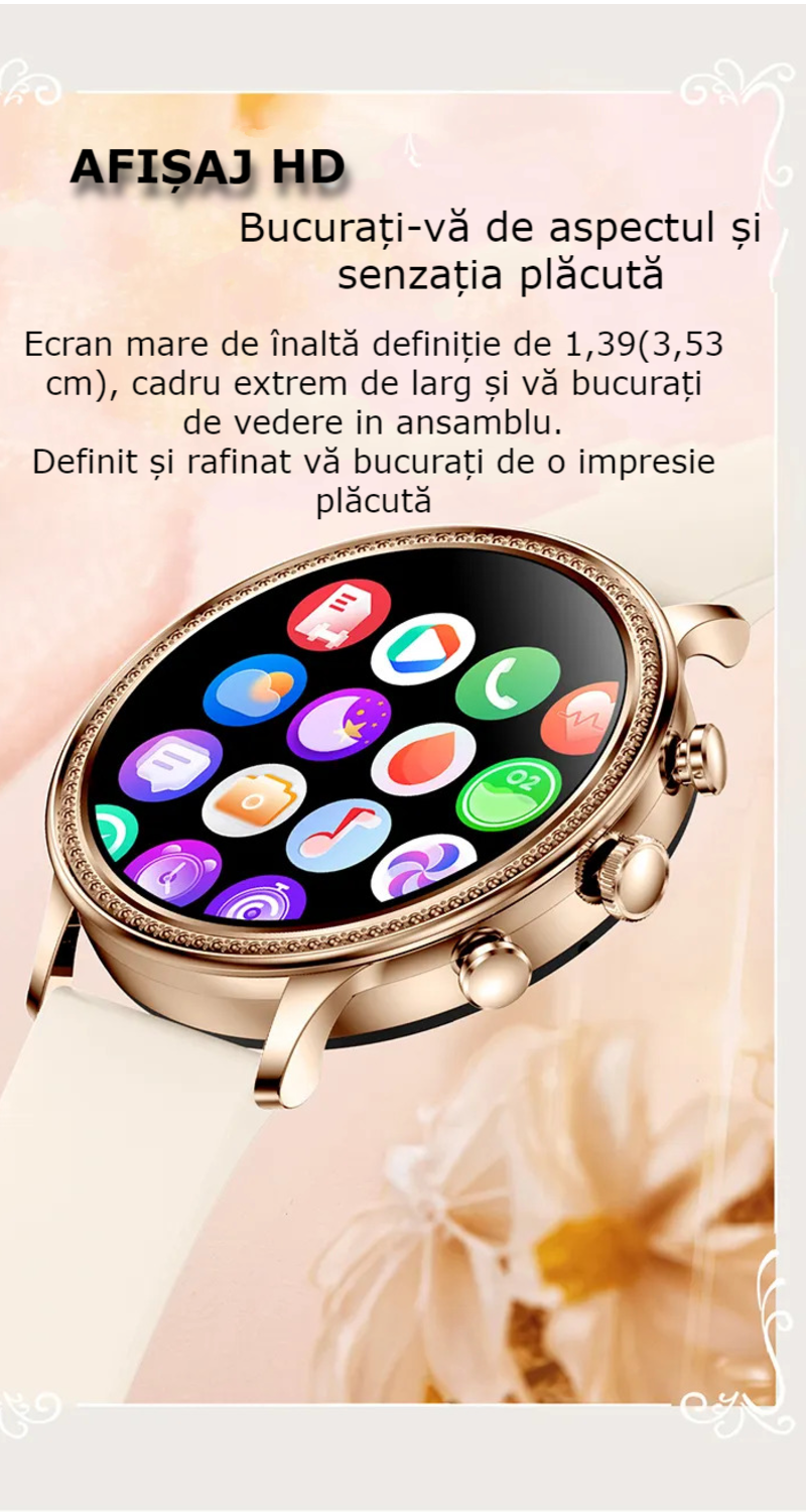 Ceas smartwatch dama GBV LOGIC SW20, argintiu, ecran rotund, rezolutie 360*360, conectare aplicatie, bluetooth, monitorizare somn, monitorizare fitness, ritm cardiac, saturatie de oxigen, notificari retele sociale