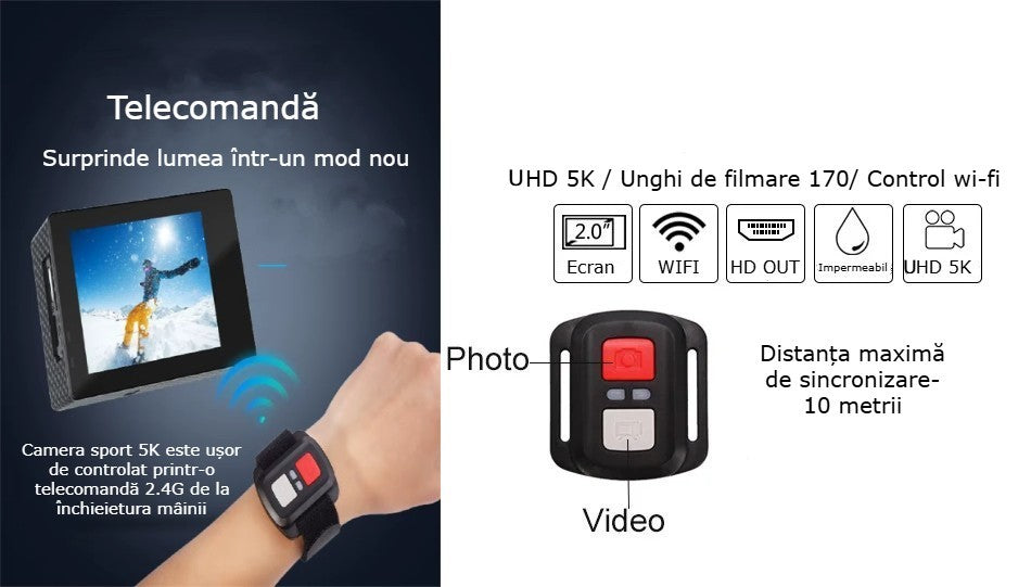 Camera de Actiune GBV LOGIC cu telecomanda, 5K Ultra HD, Foto 50 MP,Unghi Larg 170°, Senzor Sony, Filmare Subacvatica 30 m adancime