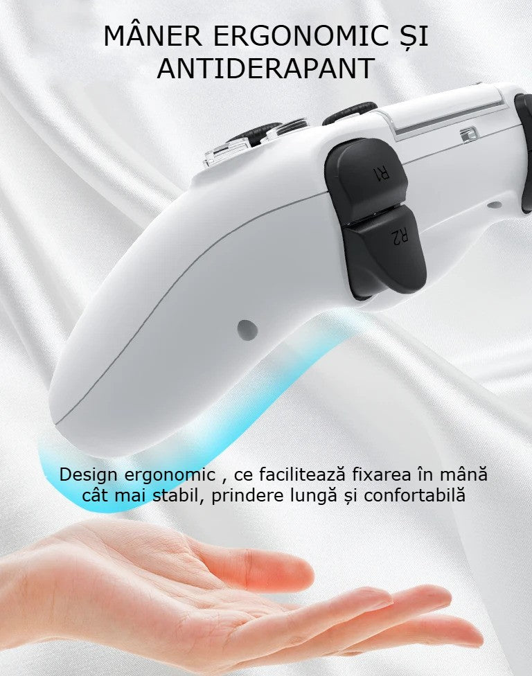 Controller Wireless PS4 GBV LOGIC, Gamepad Bluetooth, Functie Turbo, Vibratii Duble, Jack 3.5mm, LED Iluminat, Baterie 800mAh, Alb