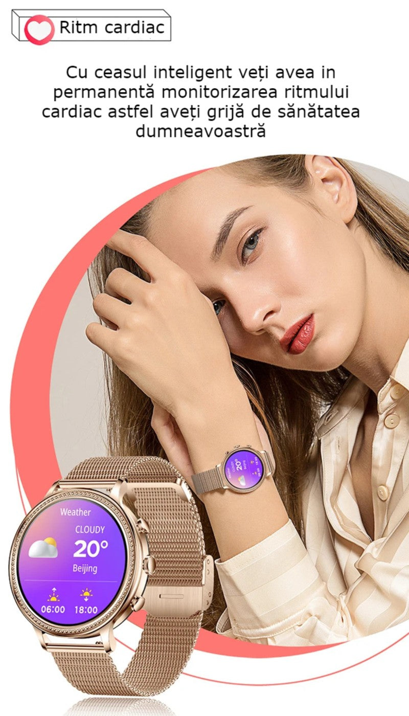 Ceas smartwatch dama GBV LOGIC SW20, argintiu, ecran rotund, rezolutie 360*360, conectare aplicatie, bluetooth, monitorizare somn, monitorizare fitness, ritm cardiac, saturatie de oxigen, notificari retele sociale