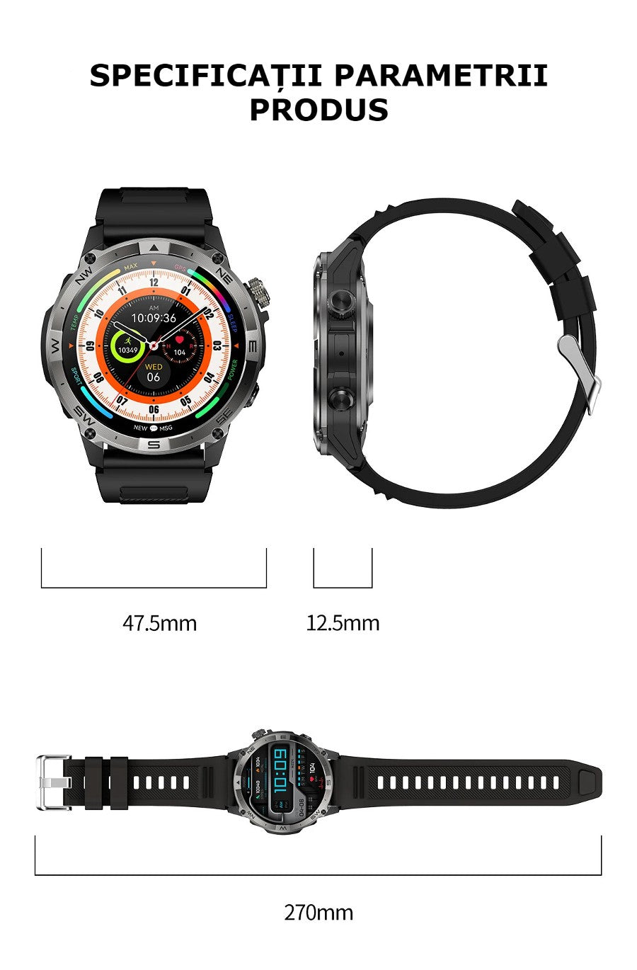 Smartwatch AMOLED GBV LOGIC VG40, Apel Bluetooth, Ritm Cardiac, Oxigen Sange, Monitorizare Somn, Fitness Tracker, Moduri Sportive, Android & iPhone