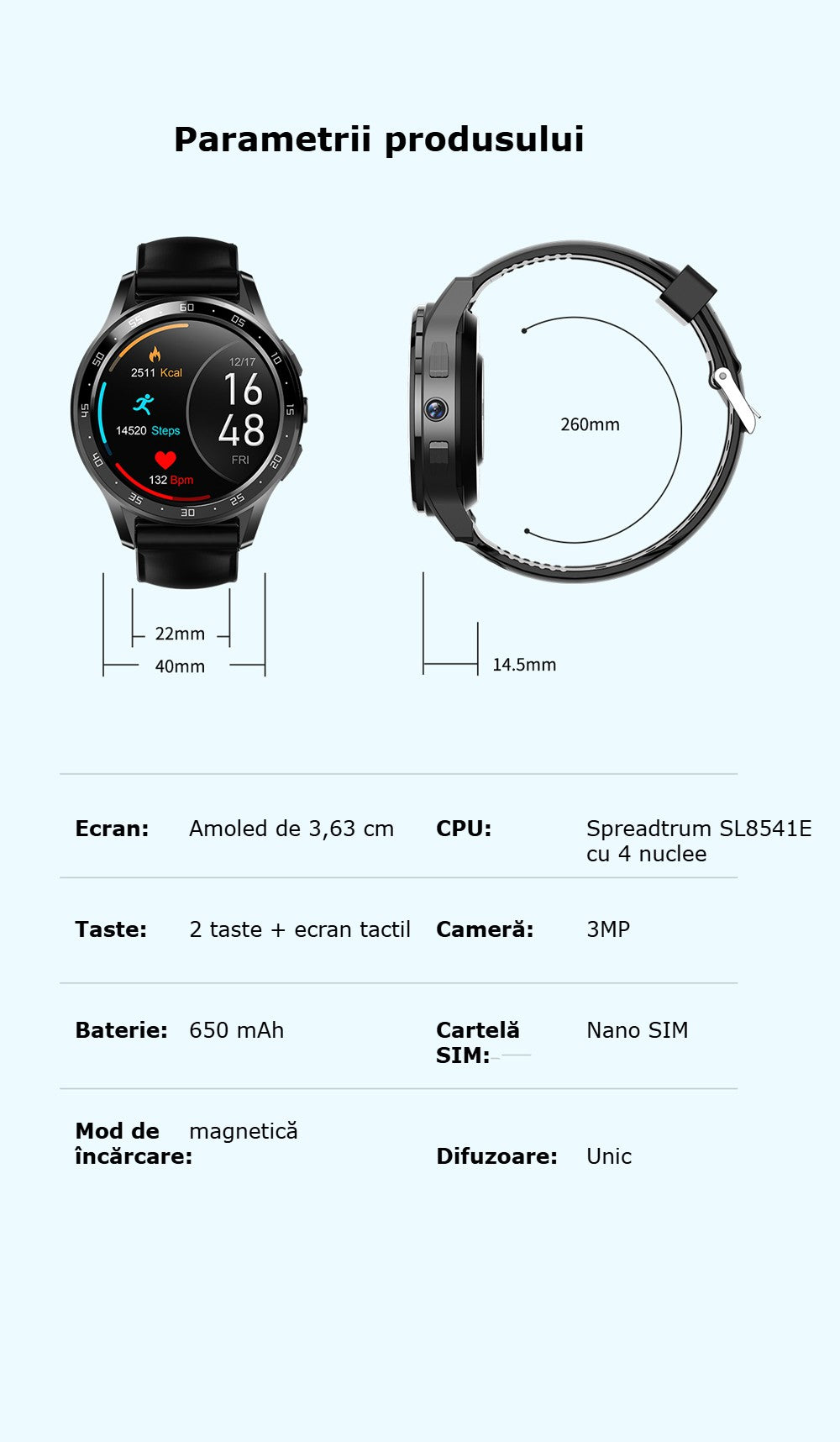 Smartwatch cu SIM și cameră foto GBV Logic X300 Plus – Android, 16GB, cameră 3MP, apeluri, GPS, AMOLED, monitorizare sănătate