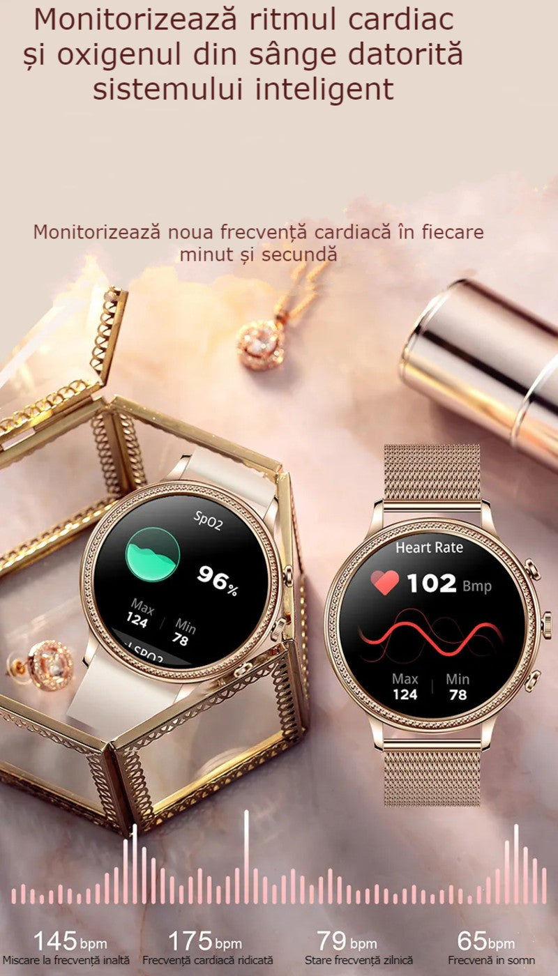 Ceas smartwatch dama GBV LOGIC SW20, argintiu, ecran rotund, rezolutie 360*360, conectare aplicatie, bluetooth, monitorizare somn, monitorizare fitness, ritm cardiac, saturatie de oxigen, notificari retele sociale