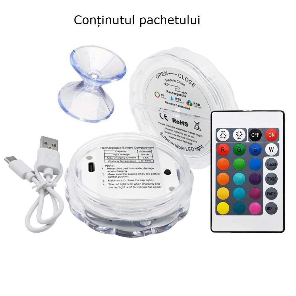 Lumina subacvatica cu telecomanda GBV LOGIC, 10 LED-uri, baterie reincarcabila 1200mAh, rezistenta la apa IP68, pentru piscina, jacuzzi, cada si acvariu, montare cu ventuze