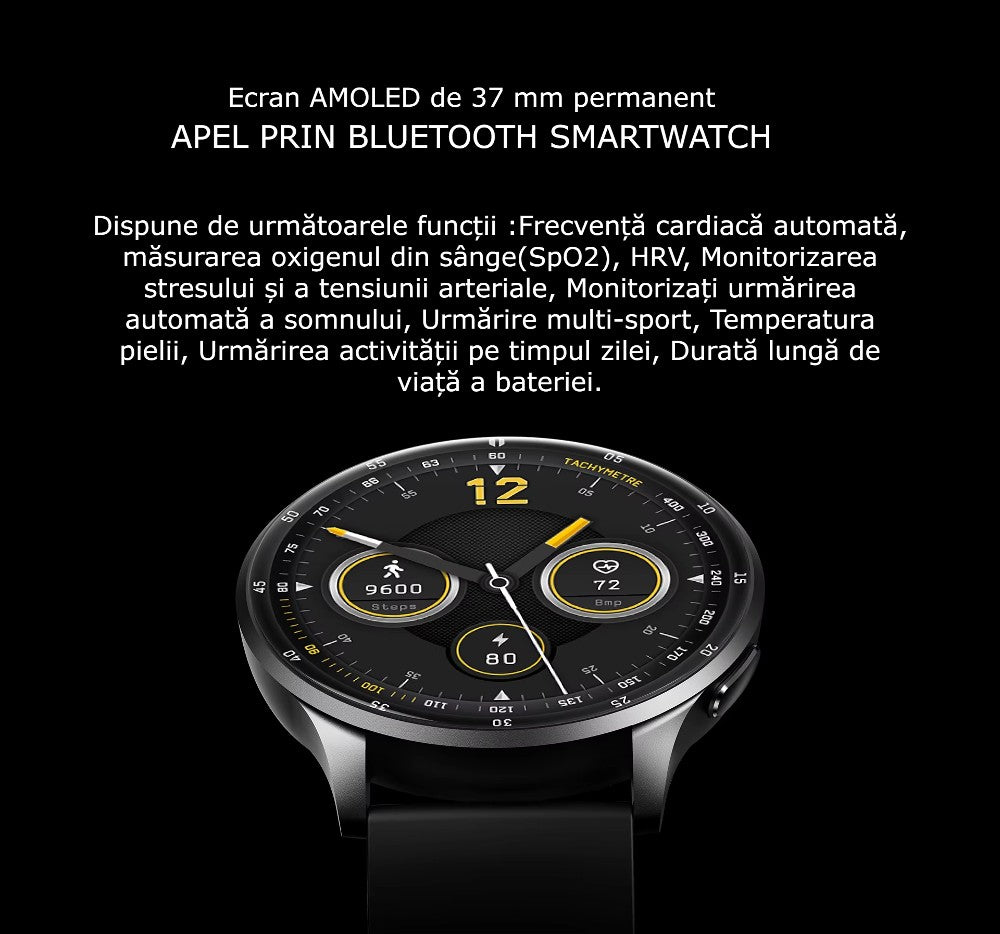 Smartwatch AMOLED GBV LOGIC J2305A, GPS, Apel Bluetooth, Ritm Cardiac, Oxigen Sange, Monitorizare Somn, Nivel de Stres, Tensiune Arteriala, Android & iPhone