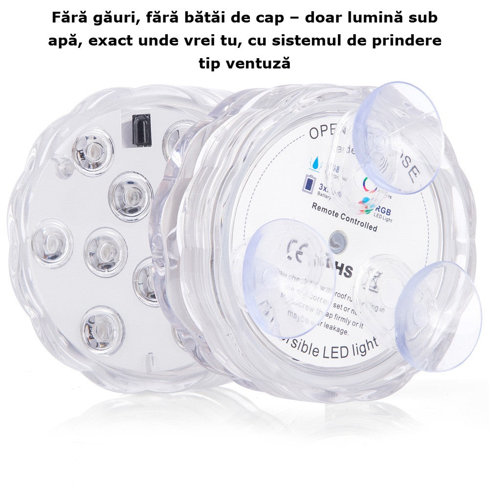 Lumina Subacvatica LED RGB GBV LOGIC cu Telecomanda, 16 Culori, IP68, pentru Piscina, Jacuzzi, Cada si Acvariu, Reincarcabila, 10 LED-uri, Baterie 1200mAh