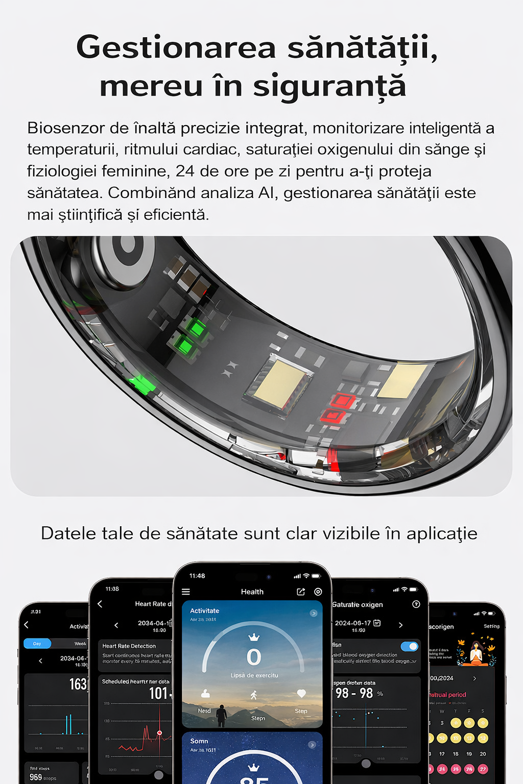 Inel Inteligent Smart Ring GBV LOGIC R08 Negru, Marimea 12 (21,6 mm), Monitorizare Somn, Ritm Cardiac, Oxigen Sanguin SpO2, Fitness Tracker, Android & iPhone, Autonomie 5 Zile