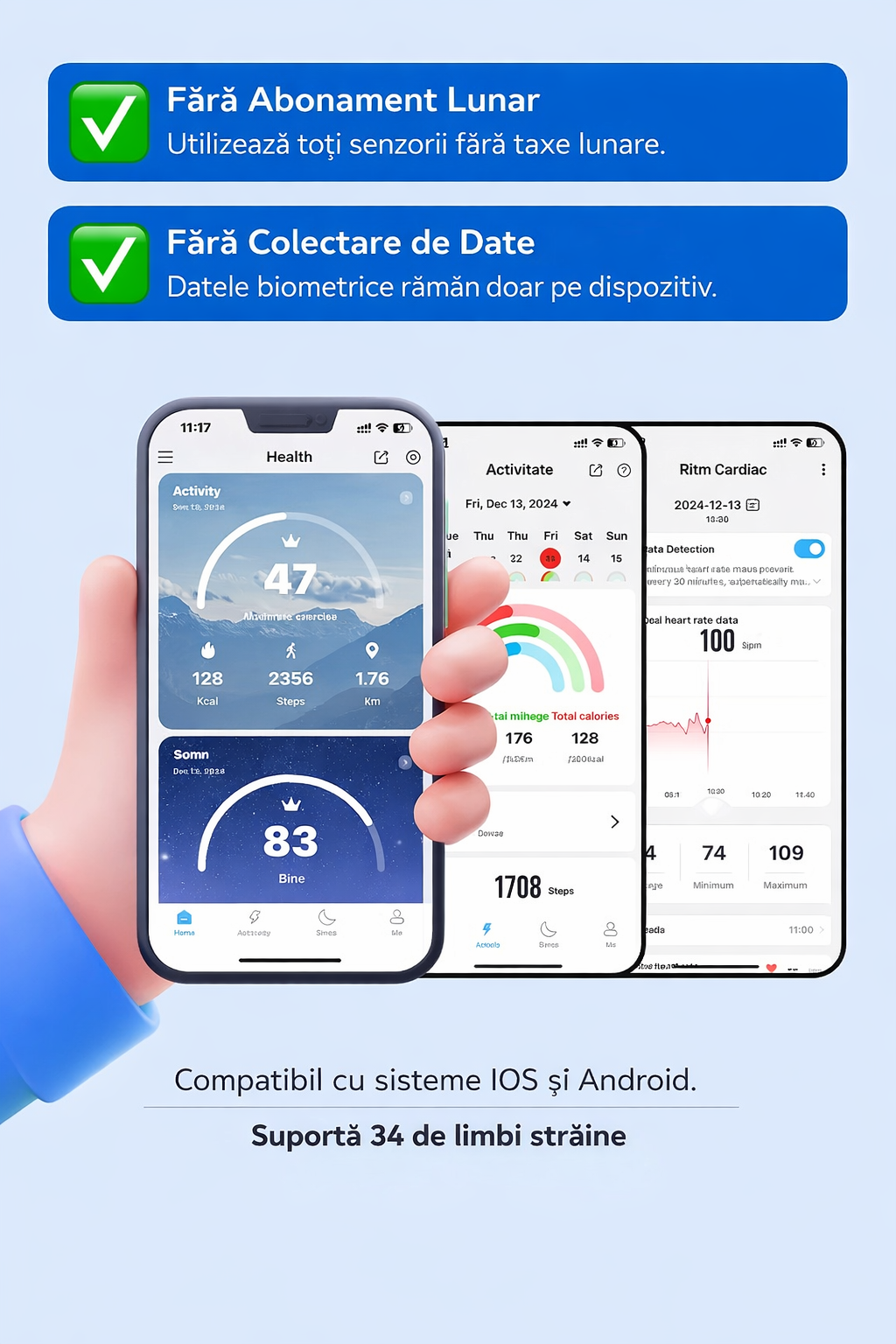 Inel Inteligent Smart Ring GBV LOGIC R08 Negru, Marimea 7 (17,9 mm), Monitorizare Somn, Ritm Cardiac, Oxigen Sanguin SpO2, Fitness Tracker, Android & iPhone, Autonomie 5 Zile