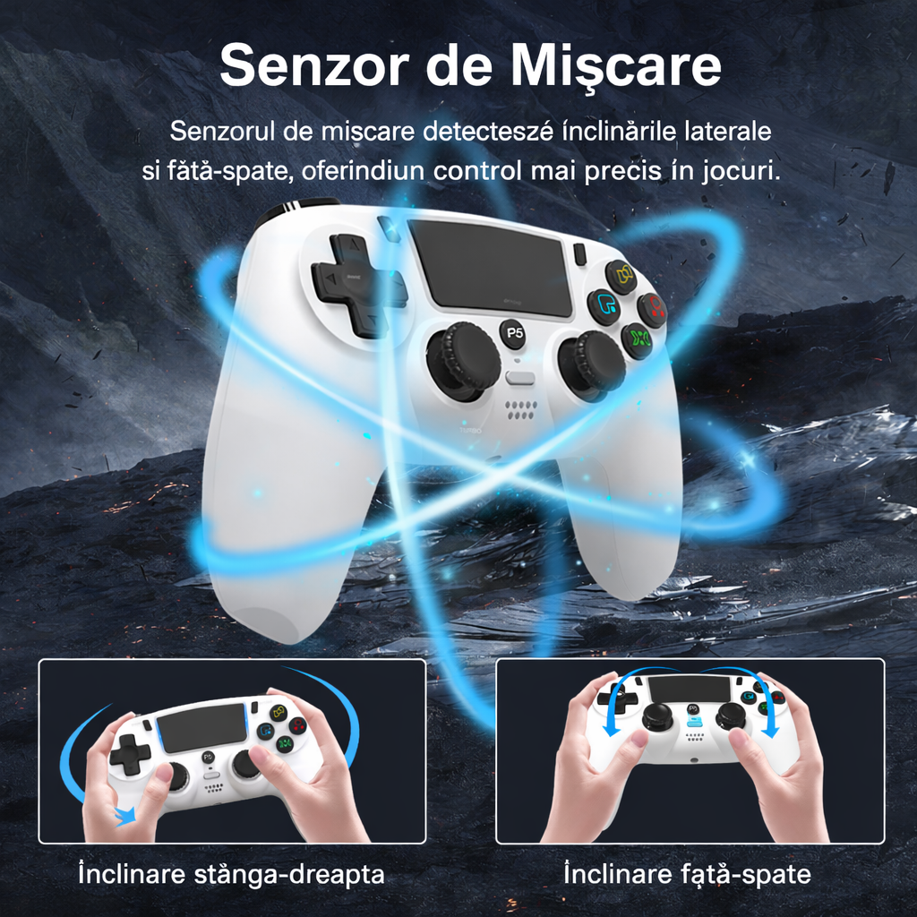 Controller PS5 Wireless GBV Logic Negru, Gamepad Gaming cu Vibratie Dubla, Functie Turbo, LED RGB, Compatibil PS5 si PC, Baterie 600mAh