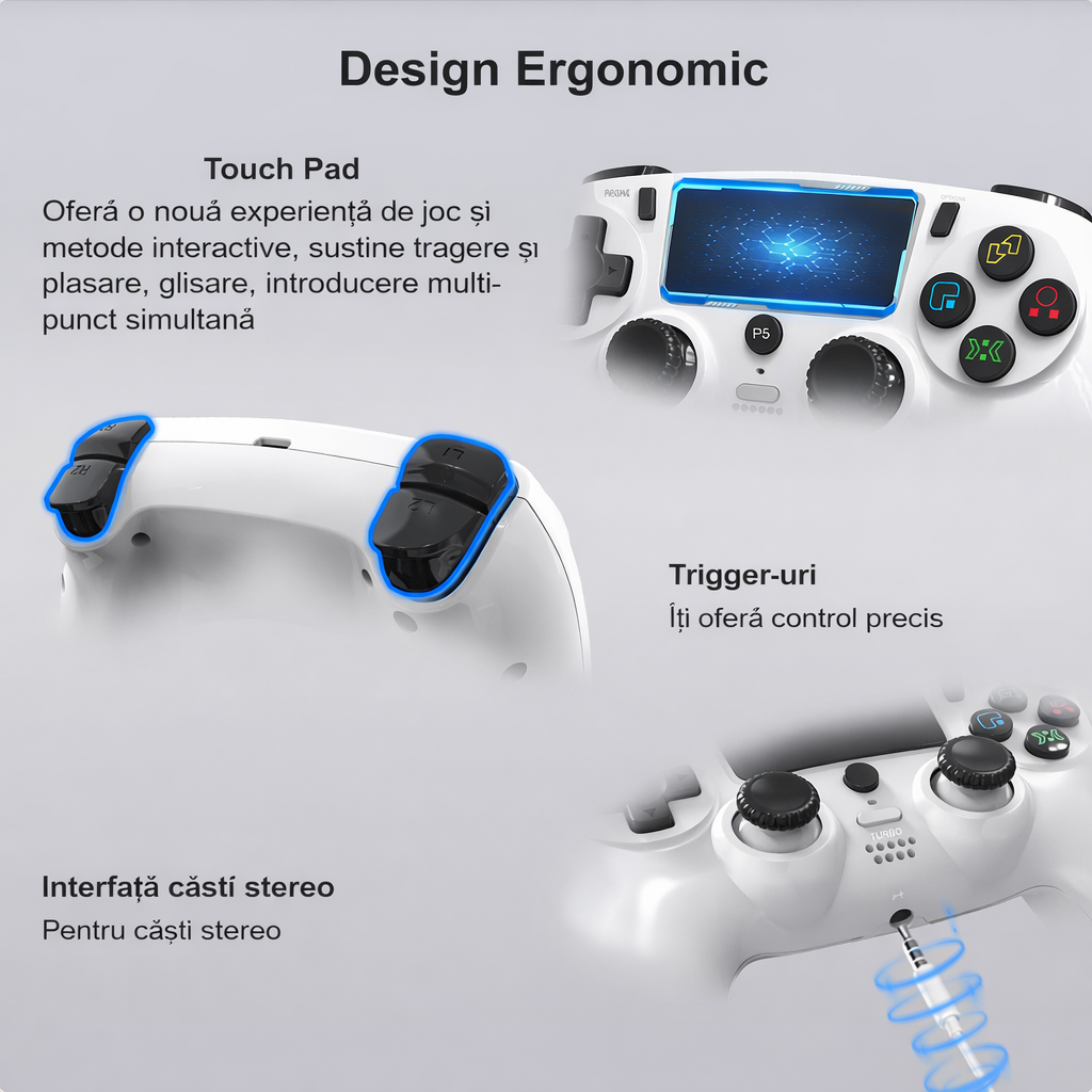 Controller PS5 Wireless GBV Logic Negru, Gamepad Gaming cu Vibratie Dubla, Functie Turbo, LED RGB, Compatibil PS5 si PC, Baterie 600mAh