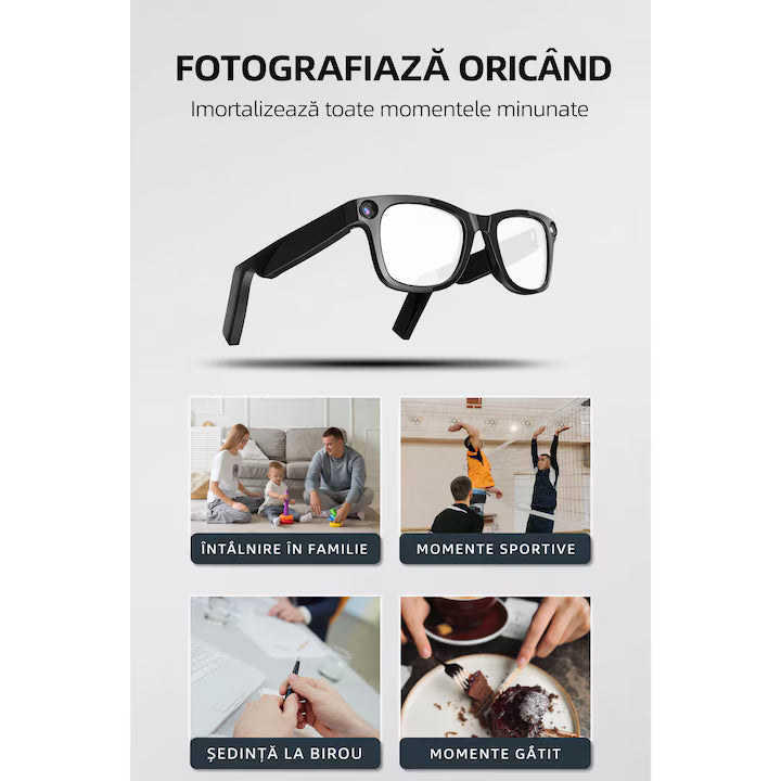 Ochelari Inteligenti cu Camera GBV Logic GS3, Video/ Foto 8MP, Filmare Full HD, Memorie 32GB, Control Aplicatie