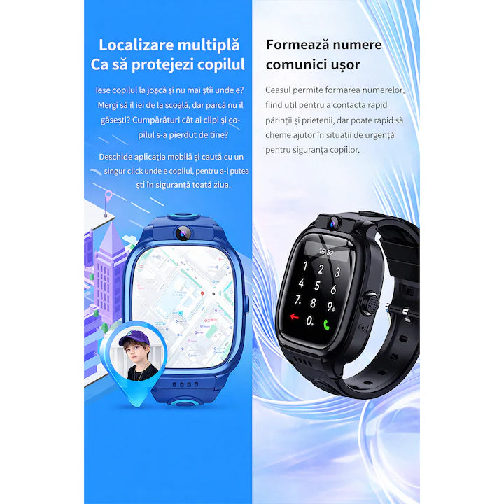 Smartwatch cu SIM 4G și cameră foto pentru copii GBV Logic Y88 , Apel Video, GPS/LBS/WiFi, Control Parental, Camera HD, Ecran Tactil 42mm, Baterie 600mAh