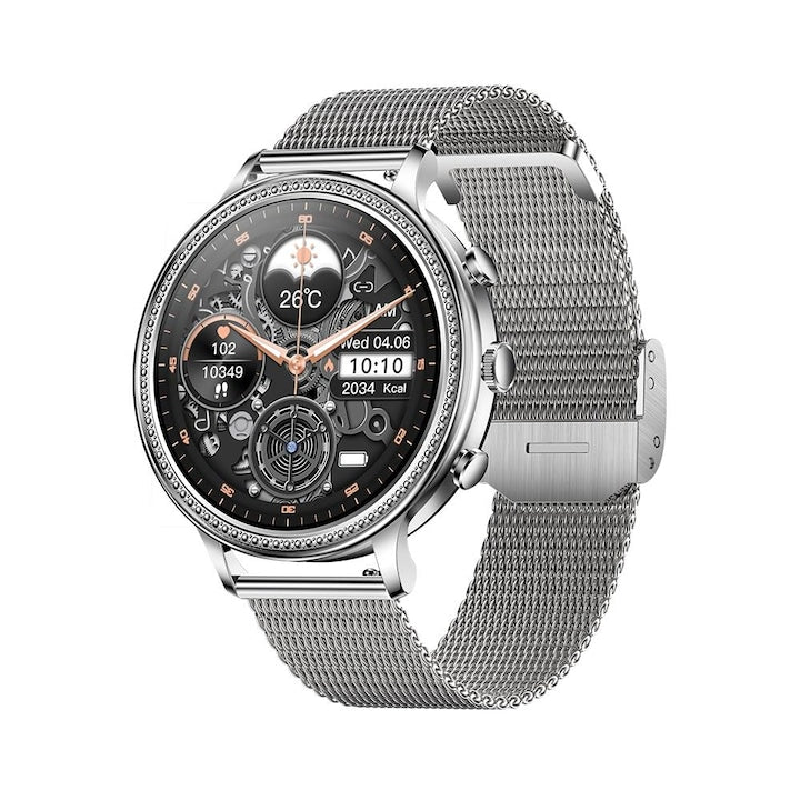 Ceas smartwatch dama GBV LOGIC SW20, argintiu, ecran rotund, rezolutie 360*360, conectare aplicatie, bluetooth, monitorizare somn, monitorizare fitness, ritm cardiac, saturatie de oxigen, notificari retele sociale