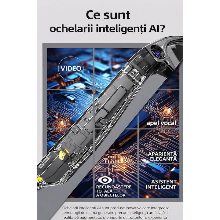Ochelari Inteligenti cu Camera GBV Logic GS3, Video/ Foto 8MP, Filmare Full HD, Memorie 32GB, Control Aplicatie