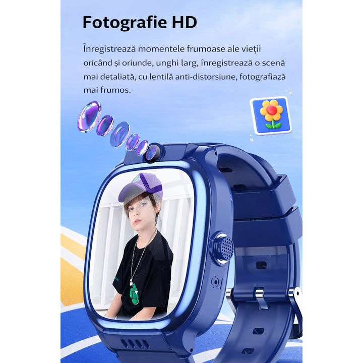 Smartwatch cu SIM 4G și cameră foto pentru copii GBV Logic Y88 , Apel Video, GPS/LBS/WiFi, Control Parental, Camera HD, Ecran Tactil 42mm, Baterie 600mAh