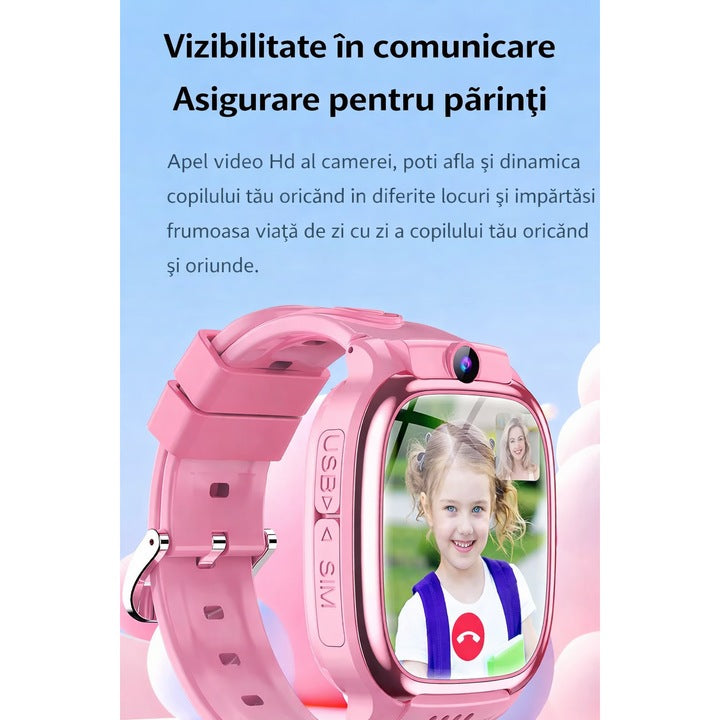 Smartwatch cu SIM 4G și cameră foto pentru copii GBV Logic Y88 , Apel Video, GPS/LBS/WiFi, Control Parental, Camera HD, Ecran Tactil 42mm, Baterie 600mAh