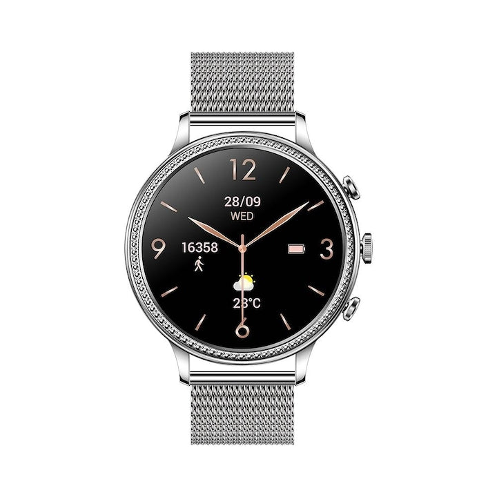 Ceas smartwatch dama GBV LOGIC SW20, argintiu, ecran rotund, rezolutie 360*360, conectare aplicatie, bluetooth, monitorizare somn, monitorizare fitness, ritm cardiac, saturatie de oxigen, notificari retele sociale