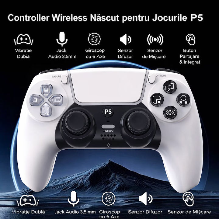 Controller Wireless PS5 GBV Logic P50, alb,  Gamepad Gaming, Functie Turbo, Vibratie Dubla, LED Iluminat, Baterie 600mAh, Compatibil PS5