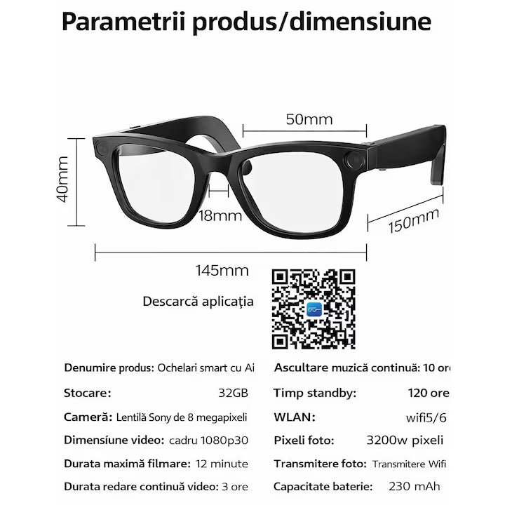Ochelari Inteligenti cu Camera GBV Logic GS3, Video/ Foto 8MP, Filmare Full HD, Memorie 32GB, Control Aplicatie