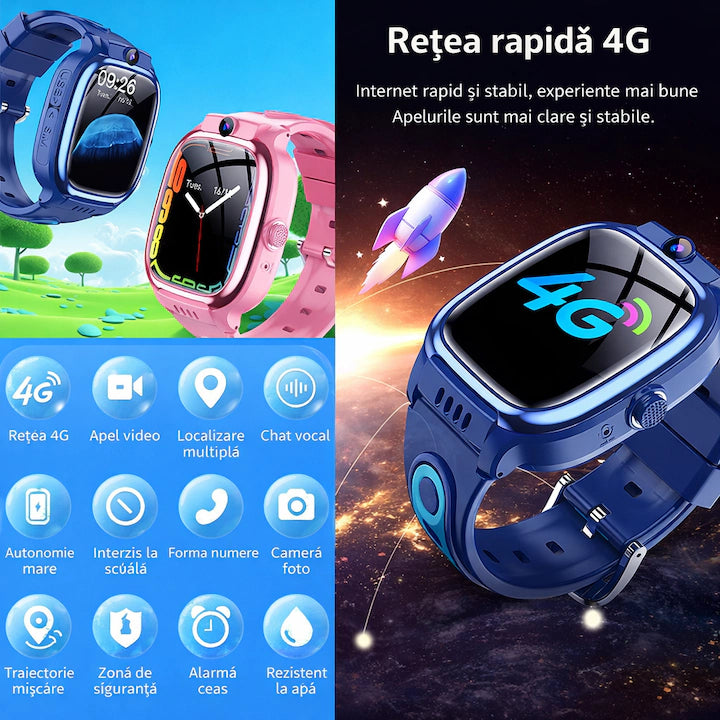 Smartwatch cu SIM 4G și cameră foto pentru copii GBV Logic Y88 , Apel Video, GPS/LBS/WiFi, Control Parental, Camera HD, Ecran Tactil 42mm, Baterie 600mAh