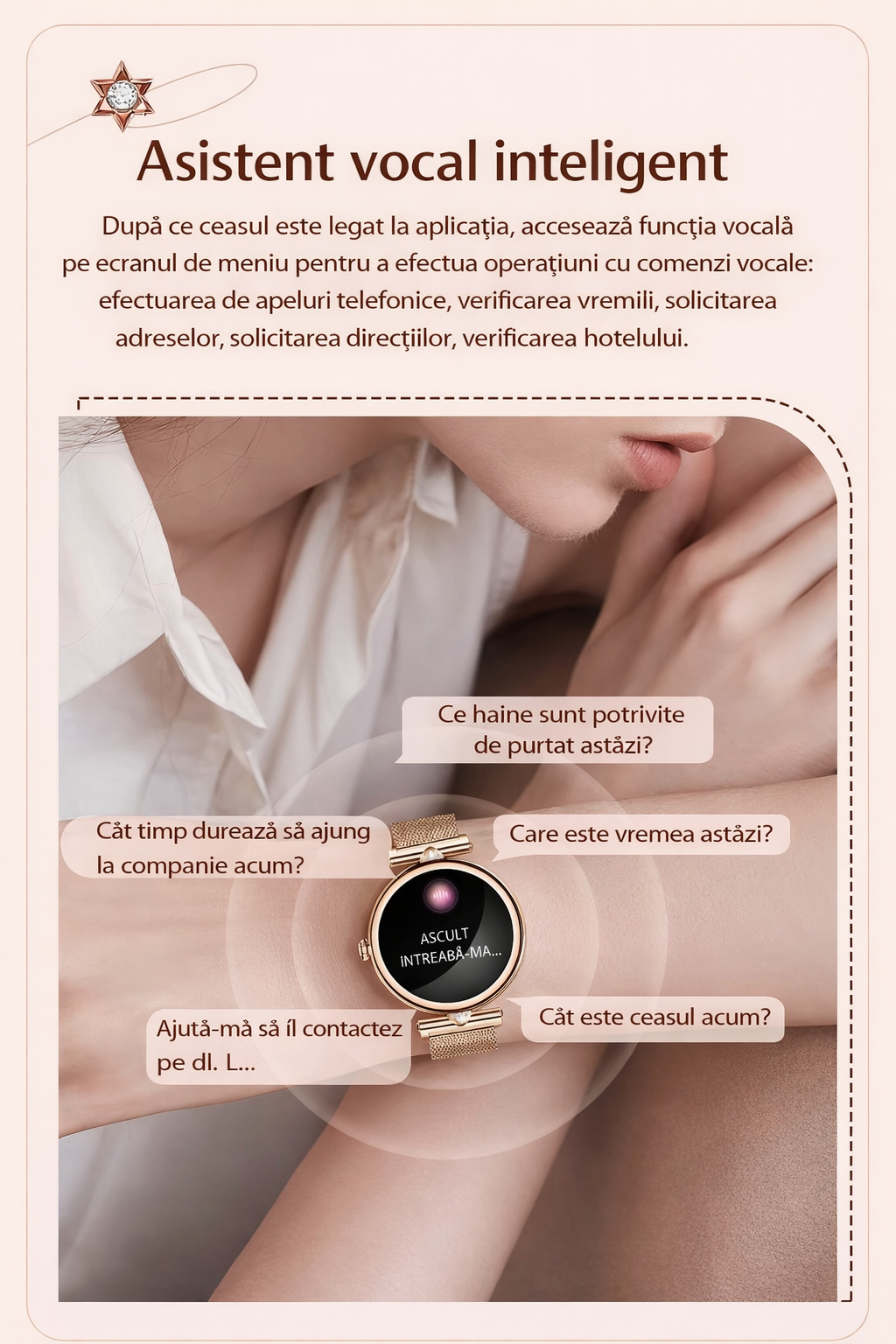 Smartwatch dama GBV Logic AK73, argintiu, ecran AMOLED 1.28 inch (32mm), Monitorizare puls, Oxigen Sange, Somn, 2 Curele