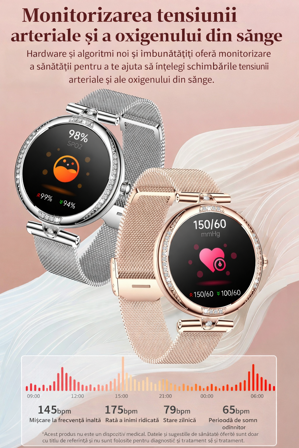 Smartwatch dama GBV Logic S333,cu 3 Curele Incluse, Ecran AMOLED 30mm, Monitorizare Puls, Somn,Oxigen, Fitness, Bluetooth,