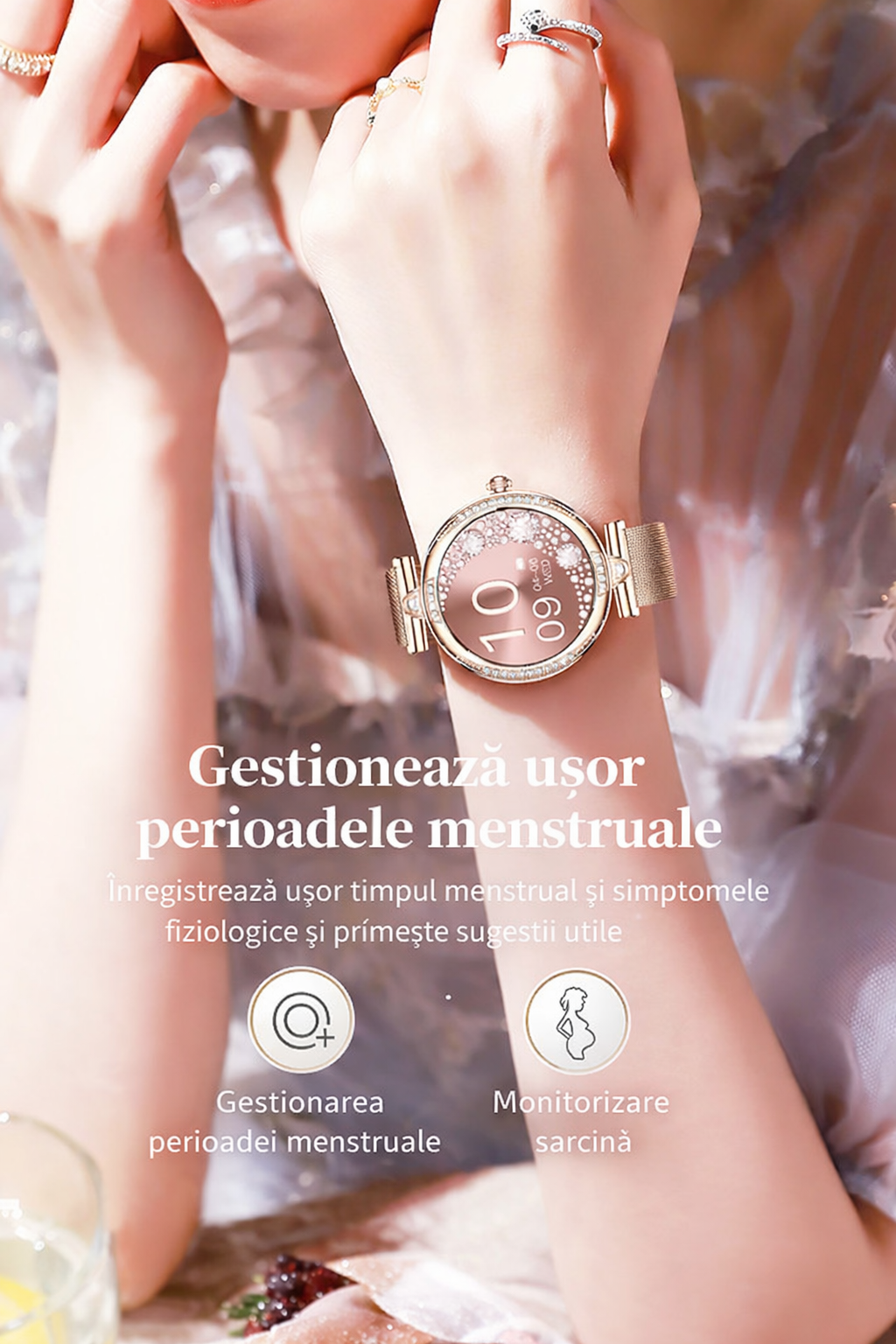 Smartwatch dama GBV Logic S333,cu 3 Curele Incluse, Ecran AMOLED 30mm, Monitorizare Puls, Somn,Oxigen, Fitness, Bluetooth,