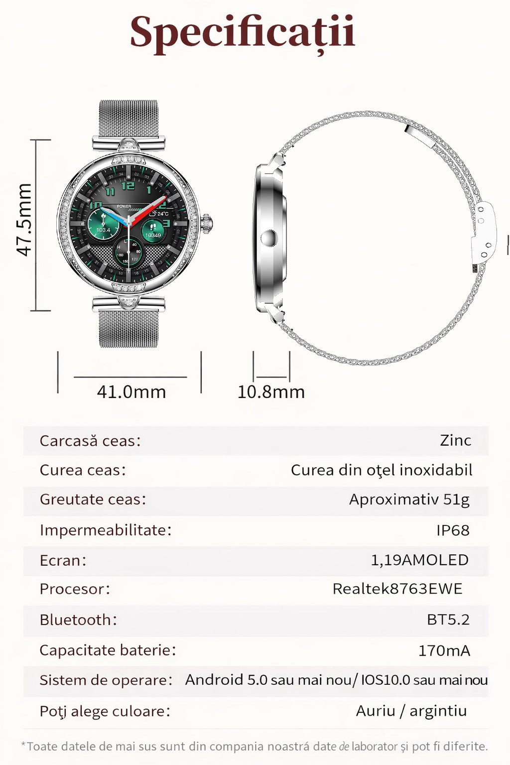 Smartwatch dama GBV Logic S333,cu 3 Curele Incluse, Ecran AMOLED 30mm, Monitorizare Puls, Somn,Oxigen, Fitness, Bluetooth,