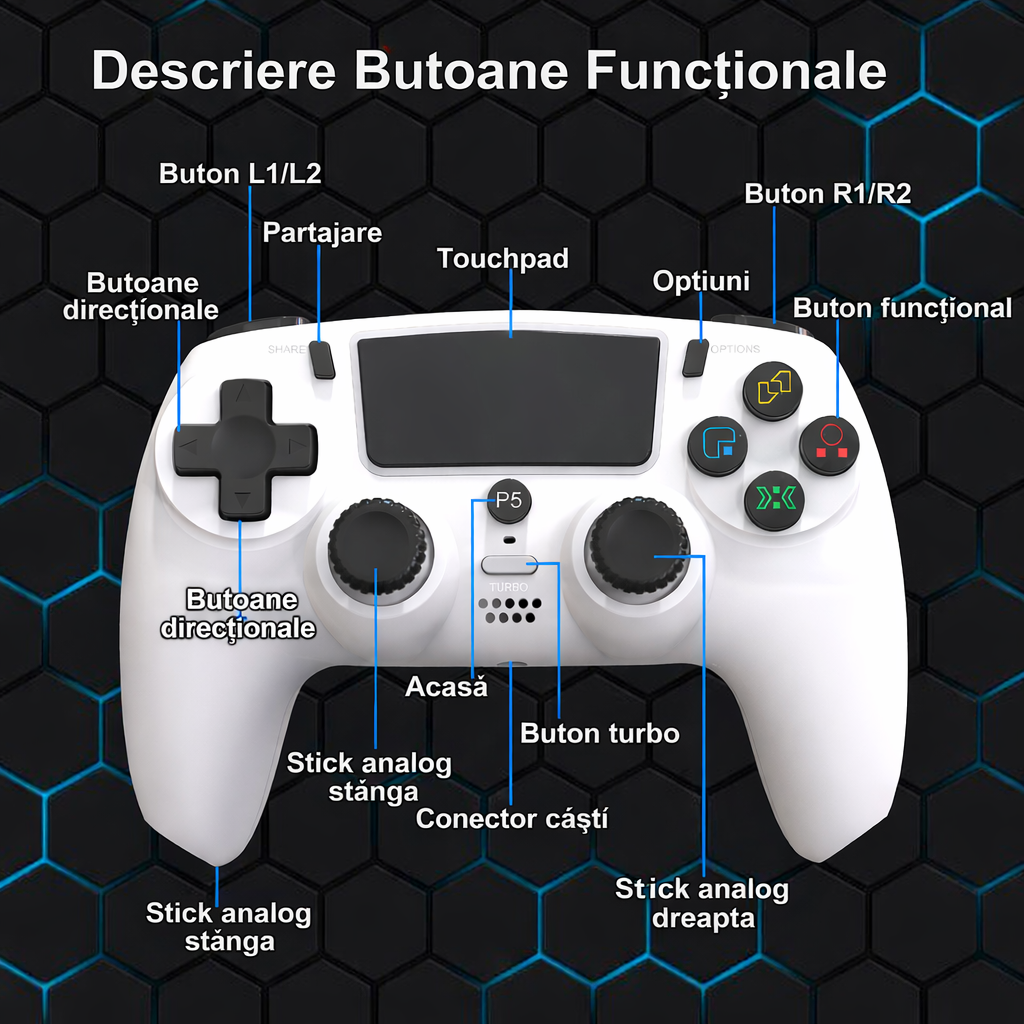 Controller PS5 Wireless GBV Logic Negru, Gamepad Gaming cu Vibratie Dubla, Functie Turbo, LED RGB, Compatibil PS5 si PC, Baterie 600mAh